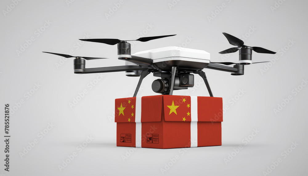 A drone carrying a box with the China flag, symbolizing the future of e-commerce and logistics