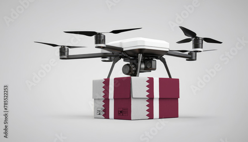 A drone carrying a box with the Qatar flag, symbolizing the future of e-commerce and logistics