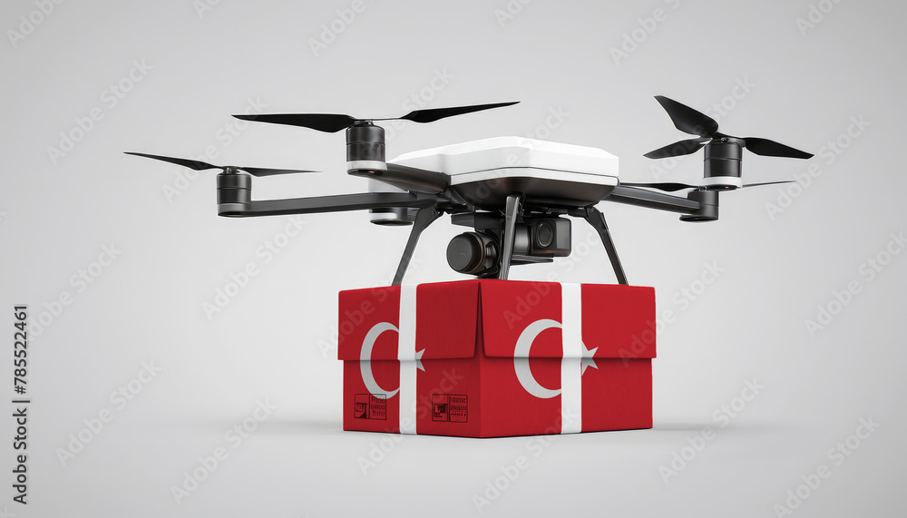 Fototapeta premium A drone carrying a box with the Turkey flag, symbolizing the future of e-commerce and logistics