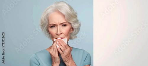 Senior woman with illness blowing nose into tissue, providing space for text placement photo