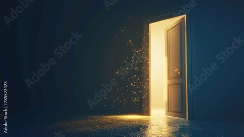A dark room with an open door and bright light behind it  representing future  freedom  discovery  or mystery. A glow emanates from the doorway  and gold sparkles sparkle from the back of the door 