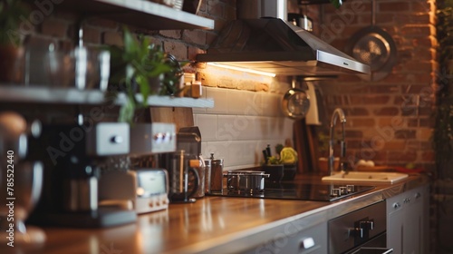 Unfocused sight of a modern kitchen area, with high-end appliances and minimalist decor 04 photo