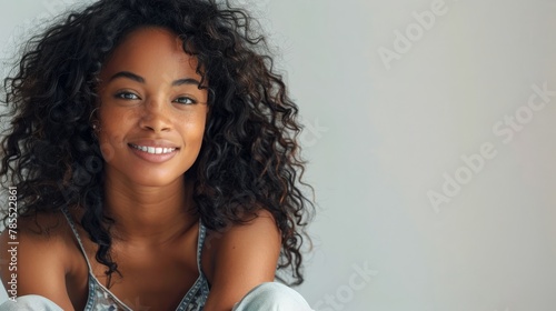  A beautiful mixed race model with curly hair, smiling and posing in front of the camera wearing a denim vest top, hands behind her head against a white background