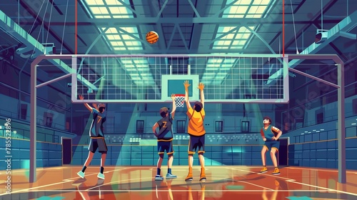 Sports court interior with tribune, basketball basket, walls, volley net and playing kids. Gymnasium, sport court interior with tribune, basketball basket, walls, volley net and playing kids, modern photo
