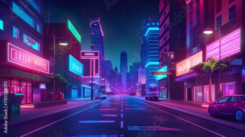 Night city street with green neon illumination and signboards, view of glow buildings in darkness. Urban architecture, megalopolis infrastructure in the darkness, cartoon modern illustration.