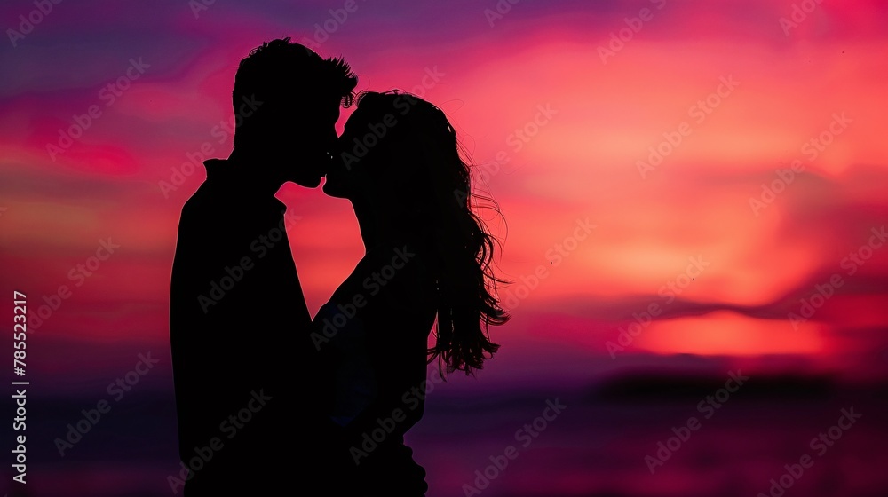 Romantic silhouette of couple kissing under the colorful hues of a sunset