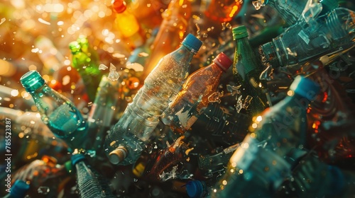 Clutter of discarded plastic bottles with a subtle call to sustainability