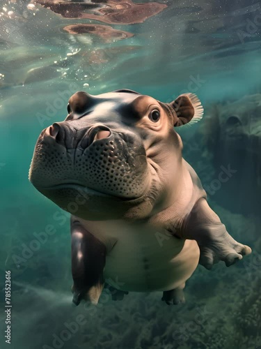 Joyous baby hippo swimming, surprisingly fluffy underwater, big curious eyes in the river photo