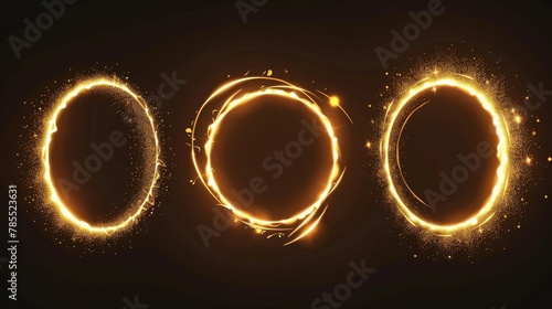 The yellow portal circles are isolated on a black background. Realistic modern illustration of an abstract circular magic light effect, glowing and sparkling in the dark.