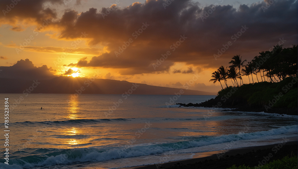 A sunset over the ocean with palm trees in the foreground.

