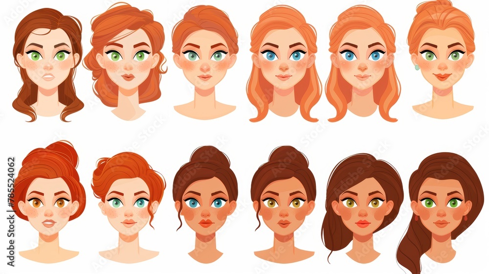 Set of modern cartoon images of woman faces with different hairstyles, blue, brown and green eyes, noses, brows, browlines and lips. These are all isolated on white backgrounds. Set of modern cartoon images of woman faces with different hairstyles, blue, brown and green eyes, noses, brows, browlines and lips. These are all isolated on white backgrounds.