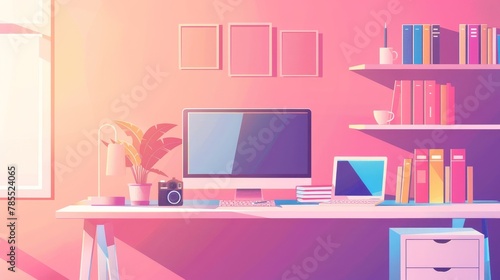 An artist's home office with a computer and graphing tablet on the desk and books and a camera on the shelf. An interior design studio with a table, monitor, notes, and a modern illustration. © Mark
