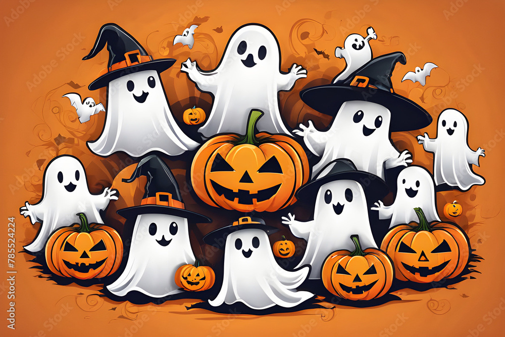 Funny orange pumpkins and white Halloween ghosts on an orange background Funny orange pumpkins and white Halloween ghosts on an orange background