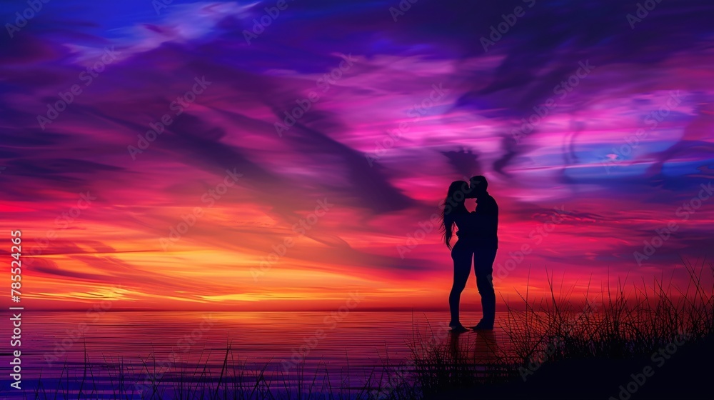 Loving couple kisses under the warm hues of a colorful sunset, expressing affection