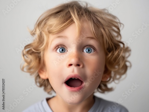 A child with curly hair looking surprised.