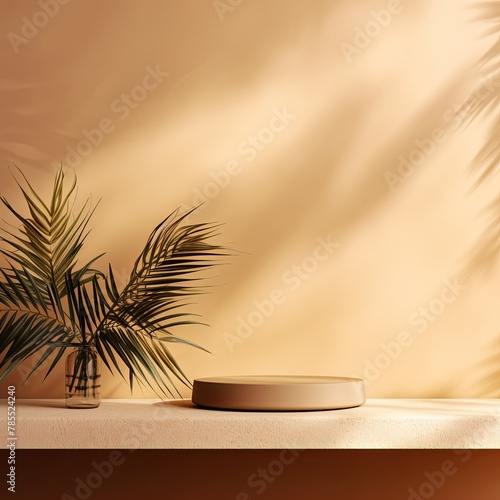 Tan background with shadows of palm leaves on a tan wall  an empty table top for product presentation. A mockup banner stand podium