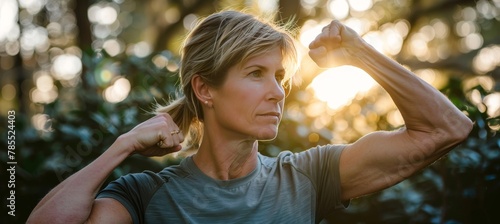Focused senior flexing biceps with blurred background and text space, object on right side. photo