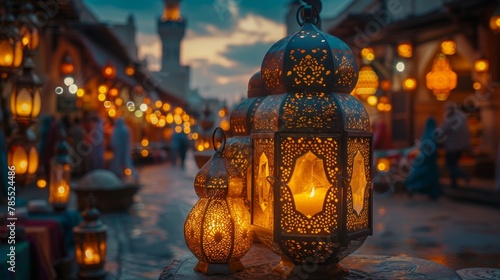 Decorative Arabic lantern with burning candle, glowing in the night. Festive card, invitation to the holy holiday for Muslims Eid al adha