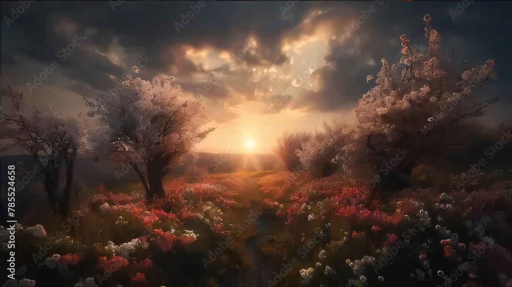 3d render of fantasy landscape with flowers in the meadow at sunset