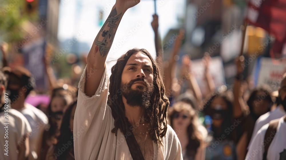 Jesus takes part in a peaceful protest march, advocating for social justice and equality, marching alongside activists and raising awareness for important causes 02 Jesus takes part in a peaceful protest march, advocating for social justice and equality, marching alongside activists and raising awareness for important causes 02