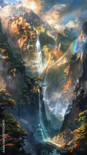 Mountain landscape with waterfall, forest and rainbow. Digital painting. © Hawk