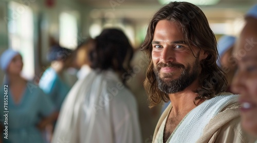 Jesus visits a bustling hospital  offering comfort and healing to patients  doctors  and staff  embodying compassion and divine presence in a place of healing