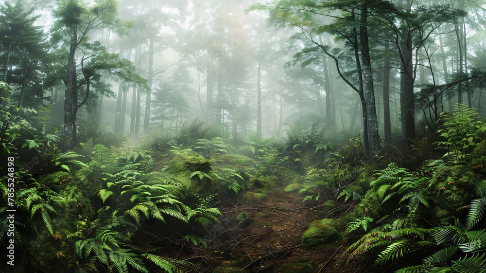 Mysterious forest with fog and sunlight. Fantasy forest with ferns