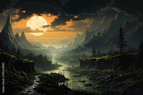 Fantasy landscape with river and mountains at sunset, 3d illustration © Hawk