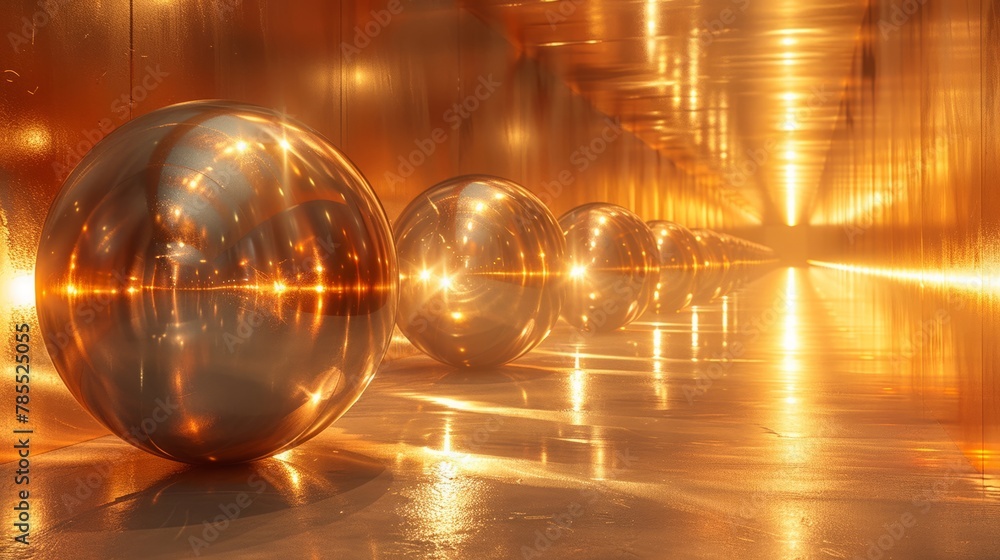 Reflective orbs in a metallic corridor with warm tones Reflective orbs in a metallic corridor with warm tones
