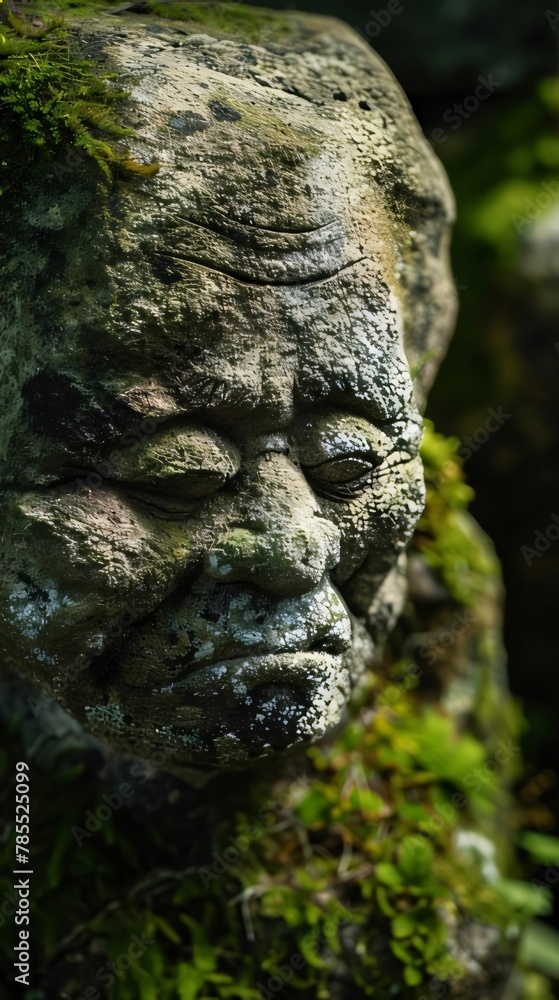 Stone face of a buddha in a mossy garden.