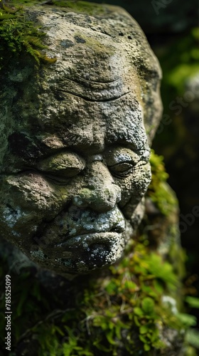 Stone face of a buddha in a mossy garden.