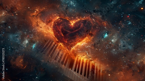 Heart entwined with piano keys against a cosmic music sheet photo