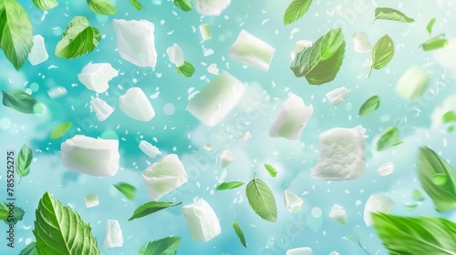 The concept of fresh breath, menthol flavor, dental health is depicted in this modern realistic illustration of chewing gums flying with green leaves.