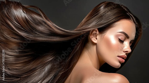Stylish brunette woman with beautiful healthy hair on dark background hair care and beauty concept
