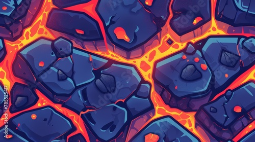 Illustration of seamless patterns of color lava with hexagonal stones. Textures of fantasy volcanic ground with glowing liquid magma and boulders.