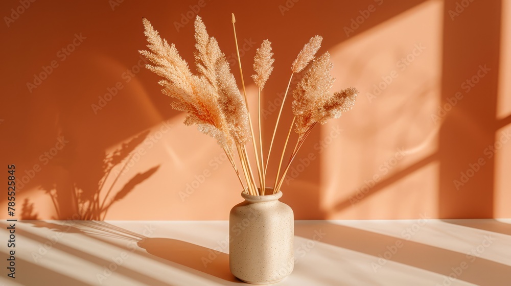   A white table holds a vase filled with dried grass, casting a shadow against the adjacent white wall