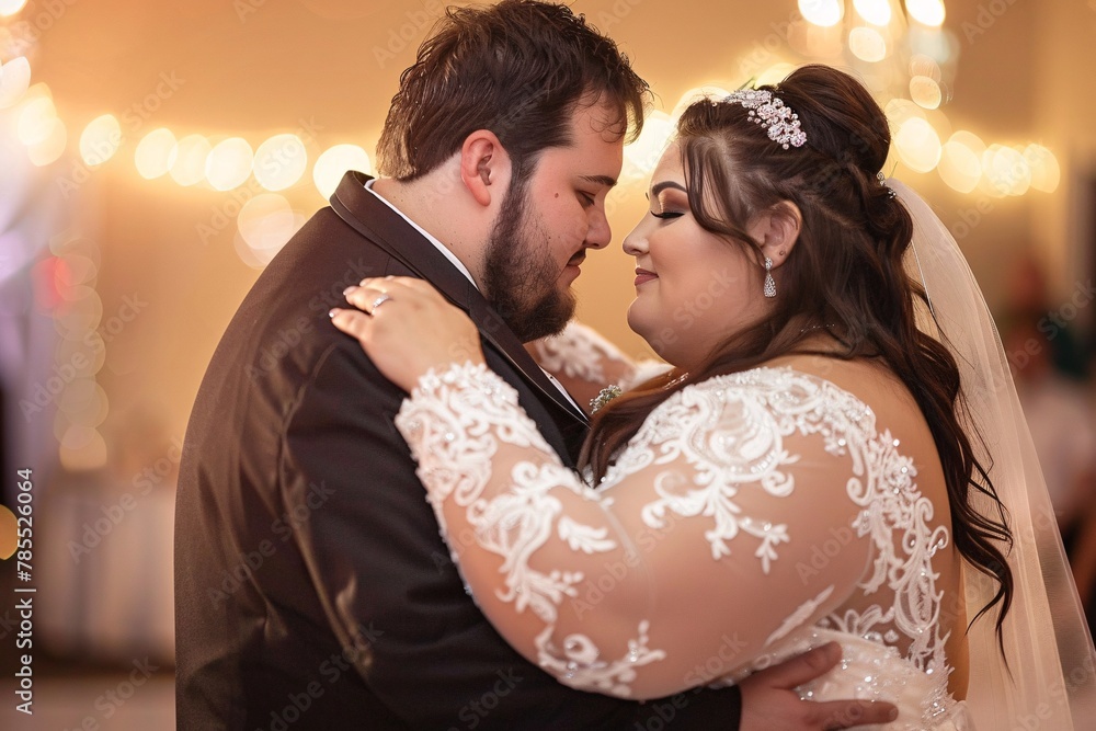 Intimate moment between the obese bride and groom, their eyes locked in love as they share their first dance as a married couple 07 Intimate moment between the obese bride and groom, their eyes locked in love as they share their first dance as a married couple 07