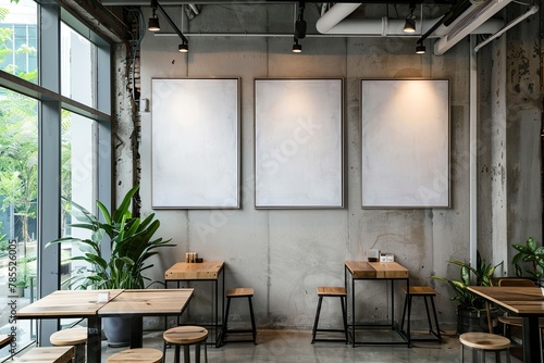 Mockup of blank frame in loft coffee shop interior, industrial style interior of cafe - grunge textured walls, houseplants and wooden tables, minimalistic design, AI generated