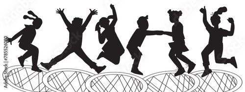 Fun and excitement of trampoline jumping with silhouettes of children in action. Playful and energetic images of jumping boys and girls for trampoline jumps, vector illustration isolated on background