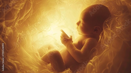 Inside the womb, a fetus holds a cellphone, illuminated by a gentle, ambient light, as the mother's soothing hum fills the space, creating a serene environment 02 photo
