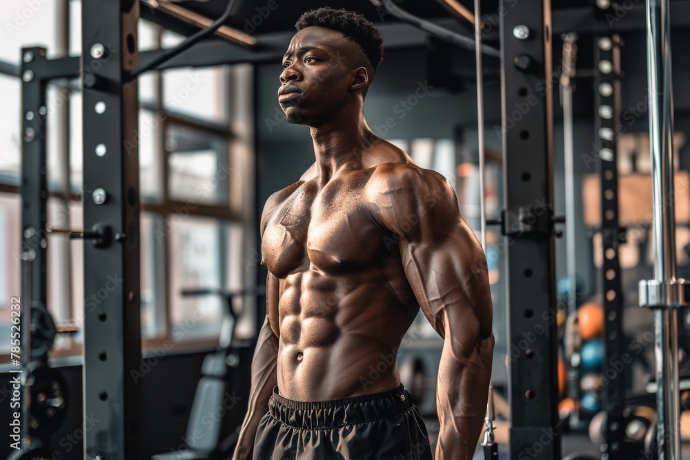 A muscular man stands confidently in a gym environment, showing his fit physique. A muscular man stands confidently in a gym environment, showing his fit physique.