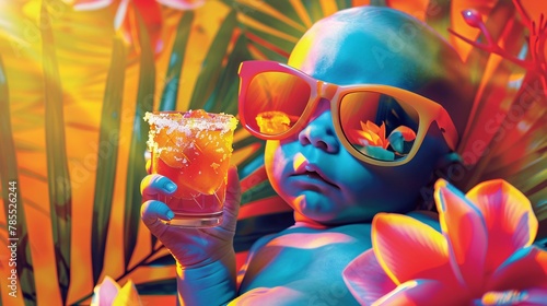 Image shows fetus sporting sunglasses and holding a cocktail in the mother's womb, surrounded by vibrant colors and tropical atmosphere photo
