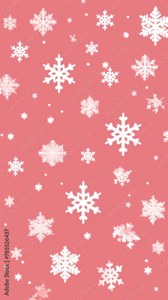 White snowflakes on a pink background, a flat vector illustration in the simple minimalist style of a cute cartoon design with simple shapes