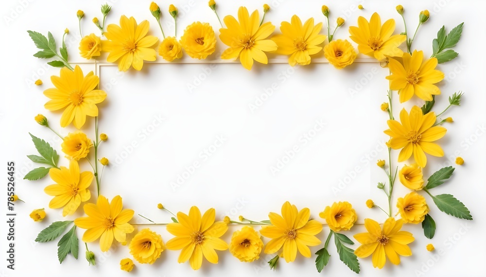 Frame made of yellow flowers on a white background