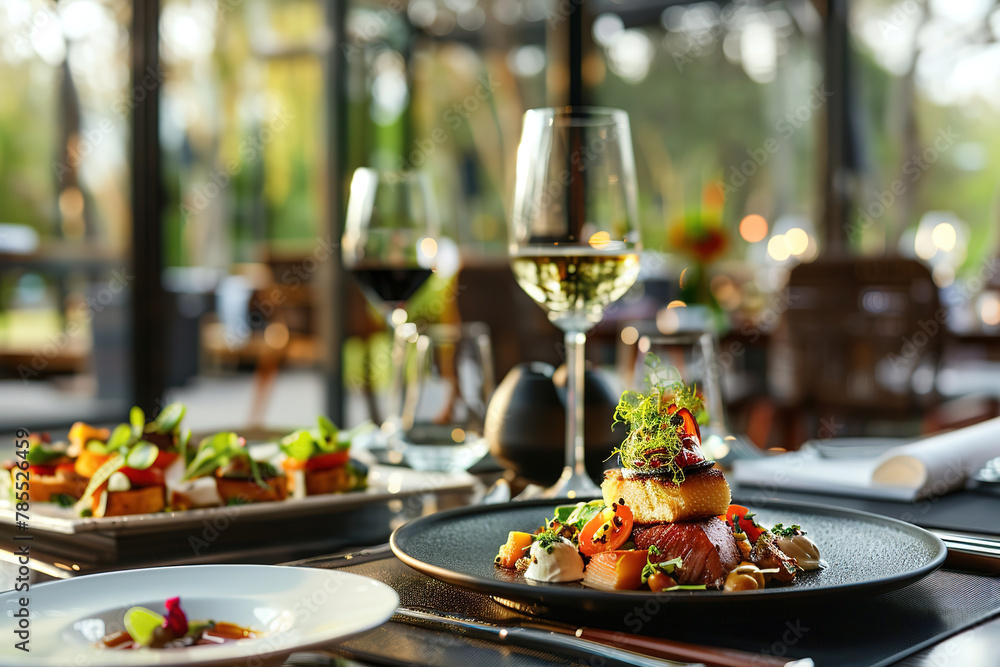 Elegant dining setup with gourmet dishes and wine glasses. Elegant dining setup with gourmet dishes and wine glasses.