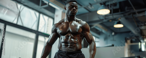 Muscular man posing in a gym, showcasing his physique under dramatic lighting. © Larisa