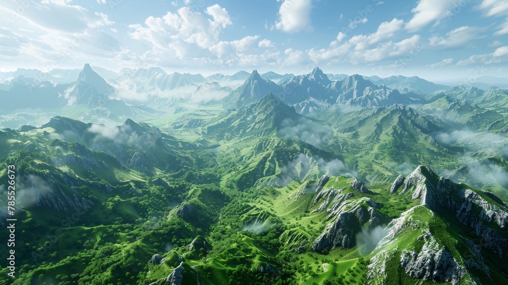 Fuzzy view of an untouched mountain vista, featuring jagged peaks and verdant valleys devoid of human presence 01