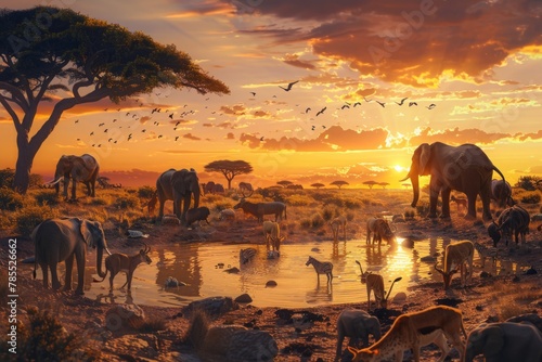 Animals gathering around a shrinking watering hole in a drought-stricken savannah, elephants, lions, and antelopes visible photo