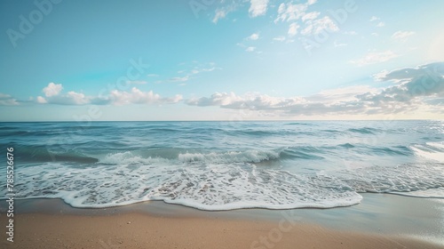 Fuzzy view of an empty beach, showcasing calm seas and a serene coastal environment 01