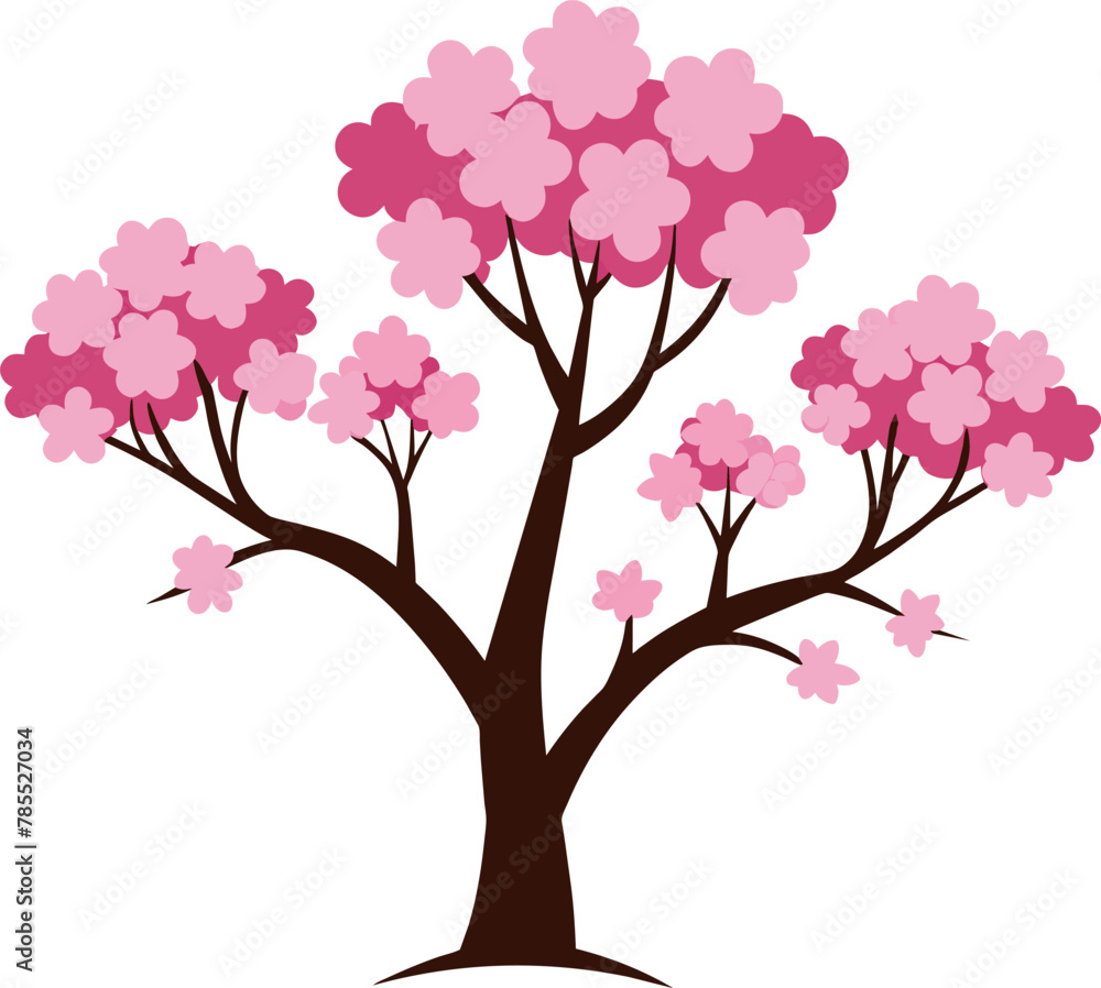Cherry tree with pink flowers isolated on white background. Vector illustration.
